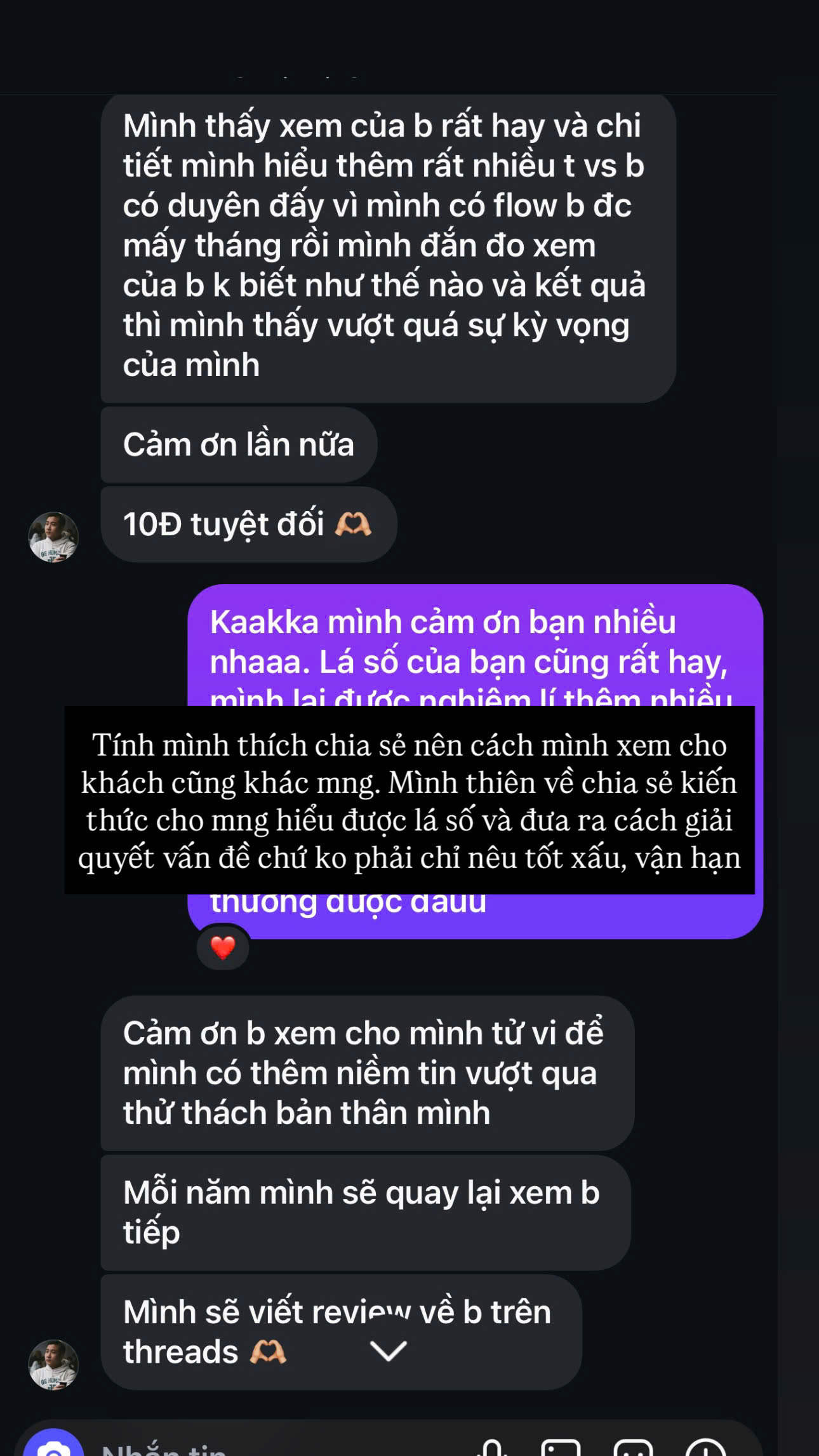 Tin nhắn feedback của khách hàng sau phiên chữa lành và khai vấn