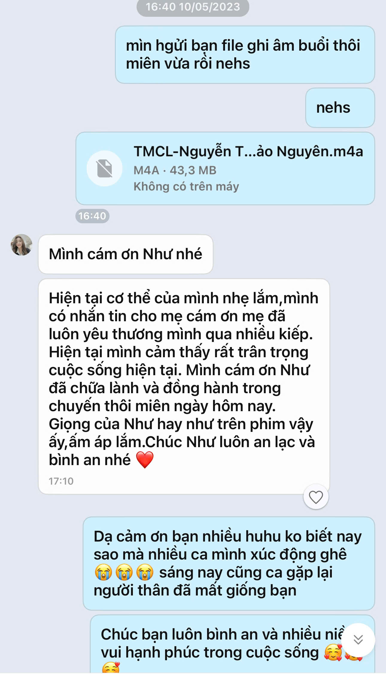 Ảnh chụp lời cảm ơn của khách hàng gửi đến Tuệ Như